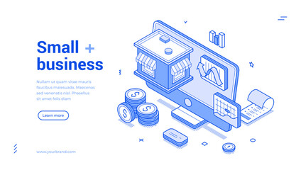 Wall Mural - small business strategy development workflow outline isometric web banner design template vector ill