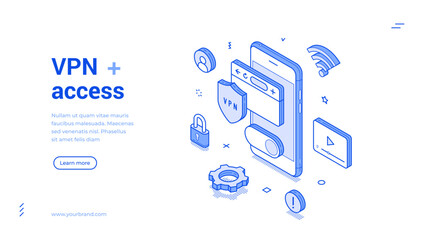 Wall Mural - vpn access network location virtual security outline isometric web banner design template vector ill