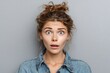 © nisi - Close up photo amazing beautiful she her lady look big full fear eyes open mouth oh no expression despair displeased wearing casual jeans denim shirt clothes outfit isolated grey background