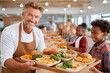 © Georgii - Cafeteria worker serving children nutritious meals in a bright dining environment