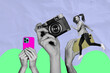 © deagreez - Banner 3d image pop full collage of happy girl guy sit hands hold retro camera shooting modern smartphone paparazzi capture