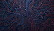 © UD - An intricate computer motherboard design displaying a complex network of electronic circuitry in red and blue hues against a dark backdrop.
