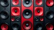 © Generative AI - Array of multiple large professional home theater speakers with red and black drivers.