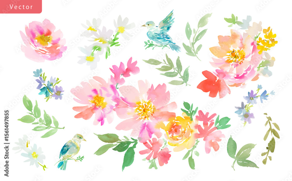 Watercolor floral clipart set with pink peonies, roses, wildflowers, leaves, and blue birds. Vector files. Abstract hand painted floral illustrations for wedding invitations and stationery.