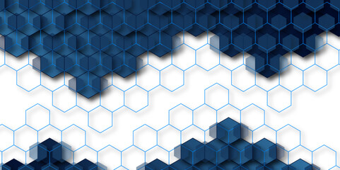 Wall Mural - dark blue 3d hexagon background – abstract geometric technology pattern with isometric cubes and gra
