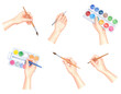 © AiMaball - Painting hands holding various art brushes and watercolor palettes, depicting artistic creation and inspiration.