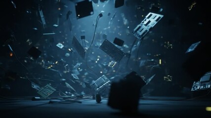 Wall Mural - Floating Circuit Boards: Tech Components in a Dynamic, Abstract Space