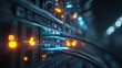 © Generative AI - High tech server room with glowing data hardware and illuminated network cables.