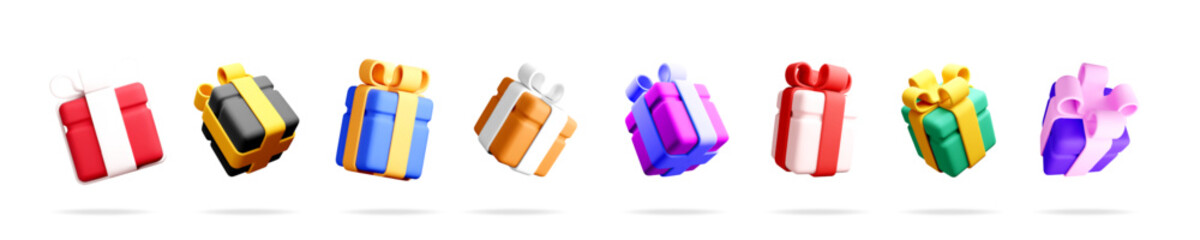 Colorful 3d rendering of a set of gift boxes with ribbons. Present for birthday, holiday, sale or celebration.