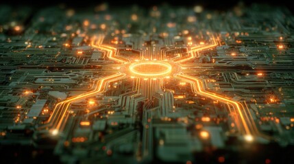 Futuristic glowing circuit board with digital energy pathways and technology theme.