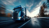 Modern blue semi truck driving fast on highway during sunset with motion blur effect.