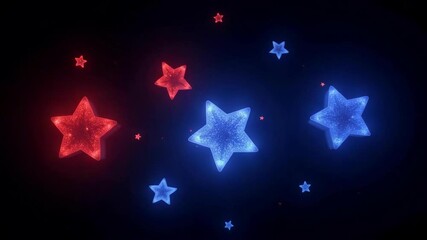 Wall Mural - Stunning 4k footage features glowing stars in red, white, and blue hues seamlessly rotating against a dark backdrop creating a mesmerizing patriotic animation.