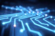 © Generative AI - Close-up of glowing blue digital circuit lines and electronic components on futuristic motherboard.