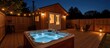 © Cherrin - Accessory dwelling unit. Cozy hot tub in a wooden decked area under a starry night sky.