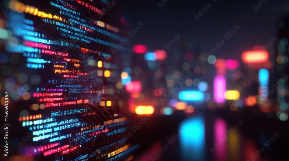 Vibrant blurred cityscape with colorful neon lights and digital data ...
