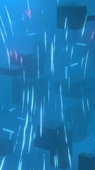 Wall Mural - animation of 3d cubes with flying lights and blue background