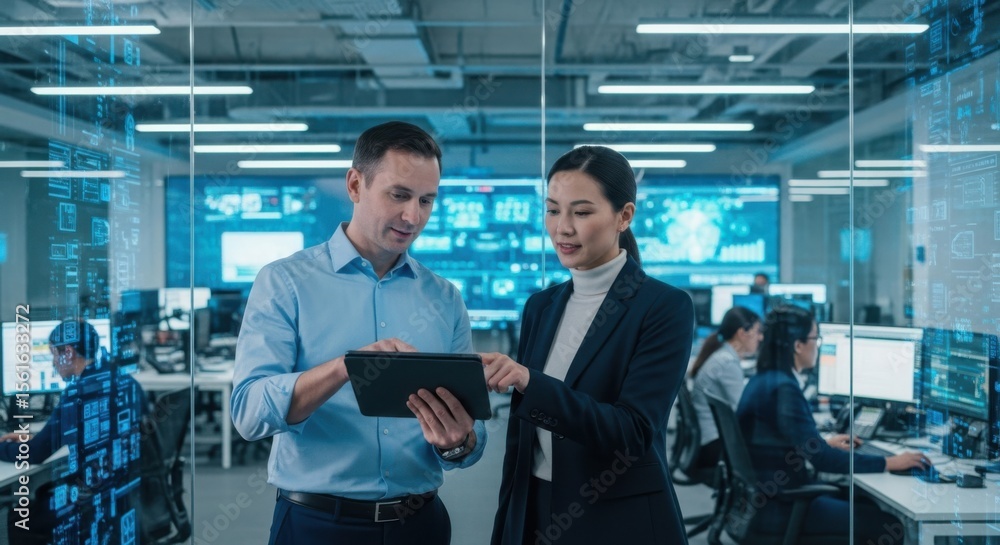 Diverse team collaborates on a tablet in a modern data center control ...