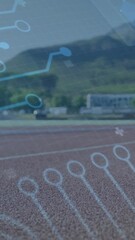 Wall Mural - circuit board animation over running track and mountainous landscape