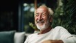 © Generative AI - Joyful elderly man with gray hair and beard smiling outdoors in natural light.