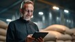 © Generative AI - Smiling mature man with glasses using electronic tablet in modern warehouse setting.