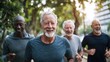 © Generative AI - Group of Happy Elderly Men Walking and Jogging Outdoors in a Park on a Sunny Day.