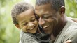© Generative AI - Joyful African American father hugging smiling young son outdoors in green park.