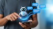 © Ngoc - Man Using Smartphone with Big 3D Chatbot and Speech Bubble , AI Virtual Assistant Concept