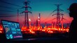 © Generative AI - Technician Monitoring Power Grid Infrastructure at Sunset with High Voltage Towers.