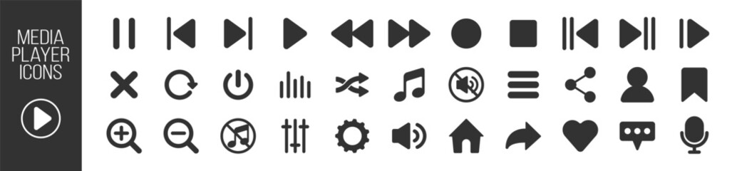 Music and sound icon set, media player icons collection, video player and cinema icons, multimedia interface template, online broadcasting and live stream mockup on transparent background