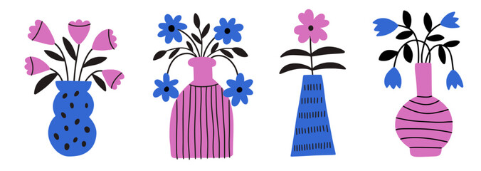 Wall Mural - Bright groovy flowers in vases in flat cut-out style. Plant bouquets in flowerpots and floral pots. Pink blue colors