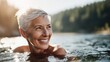 © Generative AI - Elderly woman with short gray hair smiling and relaxing in a river during sunset.