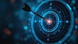 © Vadym - Arrow hits digital target bullseye. Futuristic tech design, represents success, achievement. Precision, accuracy, strategy, goal visualization, data, information, aim. Technology, business,
