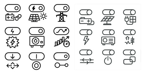 Set of icons for a computer program. The icons are all black and white and include buttons for power, volume, and other settings. Scene is minimalist and modern, with a focus on simplicity