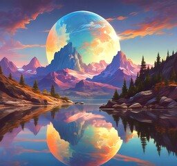 Wall Mural - Illustration of amazing landscape with outer planet on sky.