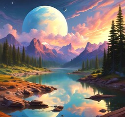 Wall Mural - Illustration of amazing landscape with outer planet on sky.