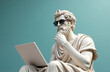 © Vadym - Illustration features marble statue of greek businessman with sunglasses. He is using laptop, thinking and working. Pastel color background. Concept combines ancient history modern tech and lifestyle.