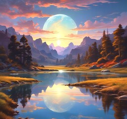 Wall Mural - Illustration of amazing landscape with outer planet on sky.