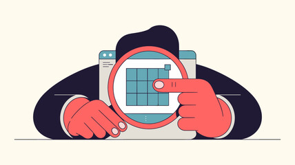 designer's hands using a magnifying glass to inspect a pixel grid on a screen, vector illustration for pixel perfection, attention to detail and quality assurance in design
