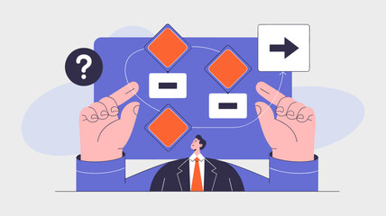 manager analyzing a business process flowchart on a screen, vector illustration for problem-solving, strategic planning and workflow optimization