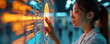 © Vadym - Woman interacts with futuristic glowing interface. Analyzing data patterns. Touching screen, digital information display. Science tech exploration. Visualisation, innovation, progress. Modern design.