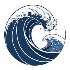 Japanese style ocean sea wave in a circle, oriental art, traditional design, blue vector illustration