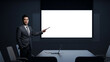 © True Stock - Businessman gives presentation with blank projection slide, ideal for branding or content mockup