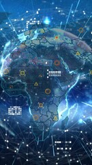 Wall Mural - animation of network of connections and light trails over spinning globe and world map