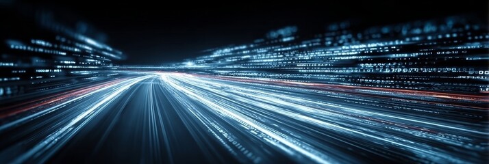Futuristic Tech Cityscape with Abstract Data Flow and Binary Code Tunnel for Information Transfer