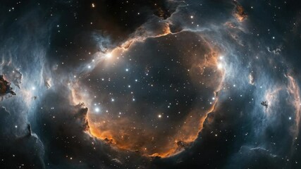 Wall Mural - A large cloud of gas and dust in space. The cloud is orange and blue. There are many stars in the cloud