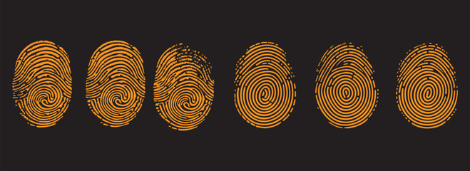 Orange fingerprint vector collection on dark background. Biometric identity scan symbols for digital security and forensic technology concept.
