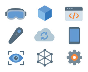 VR App Icon Set. Flat icon set of VR app development concept: VR headset, 3D cube, code window, motion