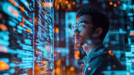 tech explorer: a focused individual studies the data streams illuminating the digital landscape, emb