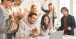 © Studio Romantic - Happy business people, students online laptop watch, confident skilled leader sale success, mentor educational workshop presentation office, employees applauding, internship and leadership coaching
