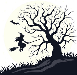  silhouette of a witch flying past a spooky tree .